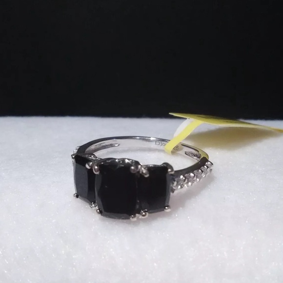 Vintage Black Jade Ring 3- Stone Platinum Over Sterling Silver Size 10 US - Picture 4 of 9